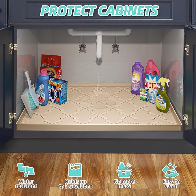 Waterproof Under Sink Mat 25" x 22" Silicone Mat Cabinet Protector | Heavy Duty Kitchen Cabinet Liner, Easy Press Drain, Home Essentials for Pet Feeding, Boots, Bathroom, Organizers & Storage