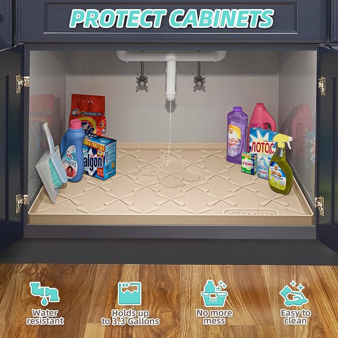 Waterproof Under Sink Mat 22" x 22" Silicone Mat Cabinet Protector | Heavy Duty Kitchen Cabinet Liner, Easy Press Drain, Home Essentials for Pet Feeding, Boots, Bathroom, Organizers & Storage