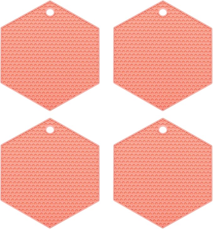 uxcell 4pcs Silicone Trivet Mats Heat Resistant Silicone Pot Holders for Hot Pots and Pans, Non-Slip Hot Pads for Kitchen Hot Dishes Table Countertops, Pink(Hexagonal)