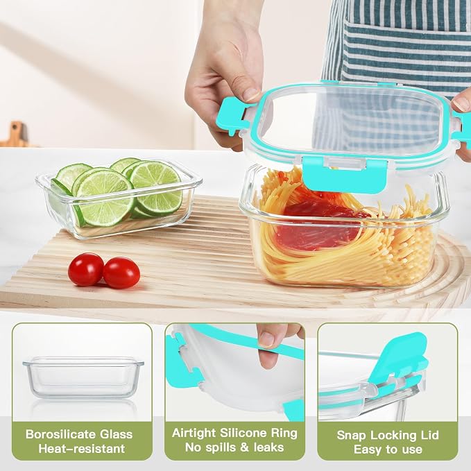 BAYZZ 24 Piece Glass Food Storage Containers with Lids, Airtight Glass Meal Prep Containers for Kitchen, BPA-Free Lunch Box, Microwave and Freezer Safe,Green