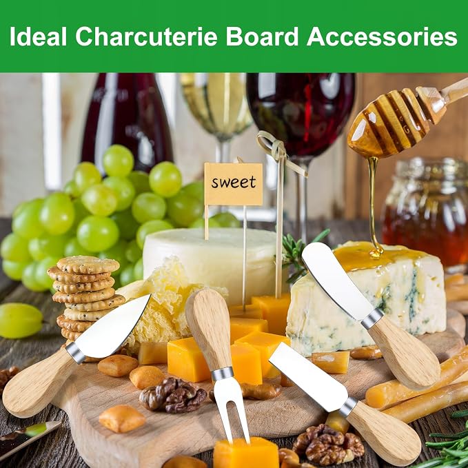 26 Pcs Charcuterie Boards Accessories, Cheese Knife Set with Wooden Handle, Service for 4 Charcuterie Utensils Include Mini Cheese Spreader Knives, Forks, Tongs, Spoons, Honey Dipper for Appetizers