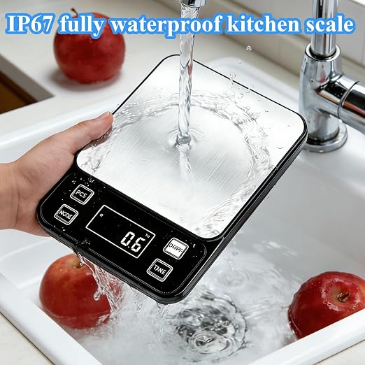IP67 Waterproof Digital Kitchen Scal 10kg/0.1g High Precision Food Scale with Type-C Rechargeable 304 Stainless Steel Platform Tare & Counting Function for Baking Cooking Meal Prep
