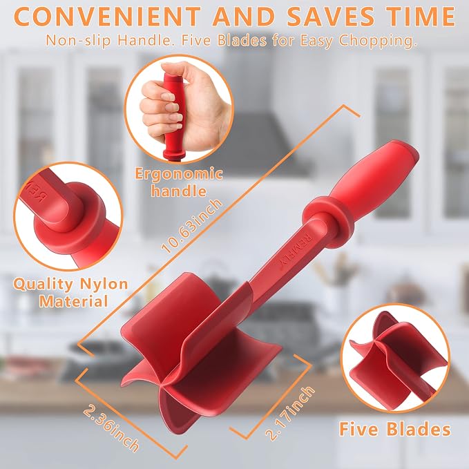 Meat Chopper, Multifunctional Hamburger Meat Chopper, Professional Heat Resistant Nylon Meat/Potato Masher - Safe for Non-Stick Cookware, Chop, and Stir Meat Masher Tool, Red.