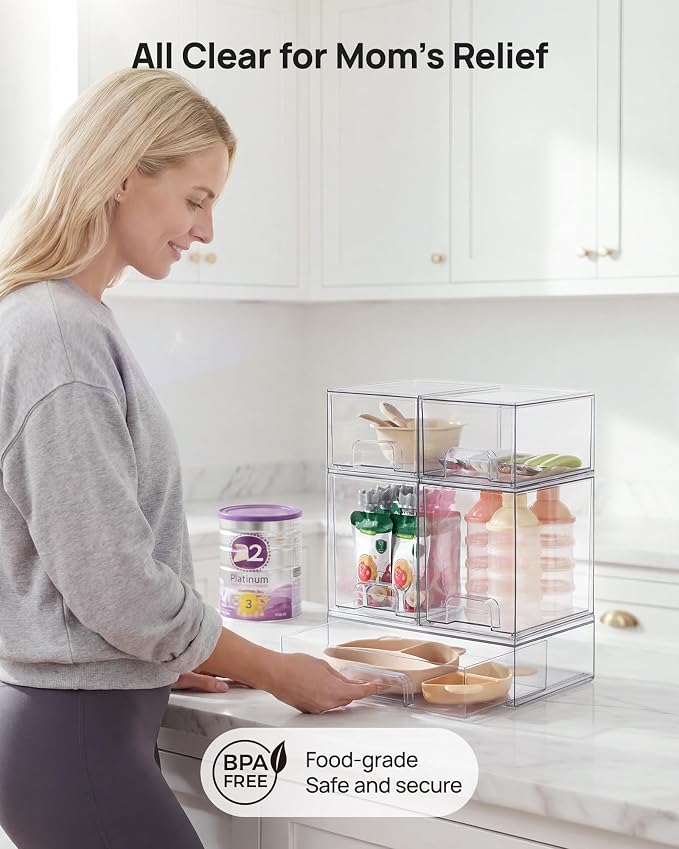 Vtopmart Clear Stackable Storage Drawers Set of 7, Plastic Organizer Bins | Multi-purpose Boxes for Baby Bottle Storage, Ideal for Kichen, Vanity, Bathroom, Undersink, Cabinet, Pantry Organization