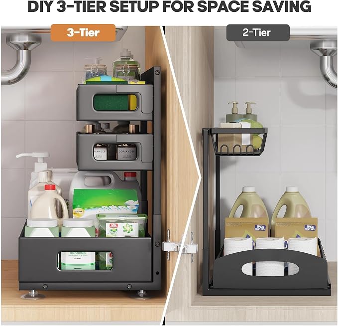 2 Pack 17IN-Depth Under Sink Organizer,Pull Out Cabinet Organizer With Smooth Cylindrical Rail,Metal Slide Out Drawer for Kitchen Bathroom Laundry,8-Level Tool Free Height Adjustable-Black