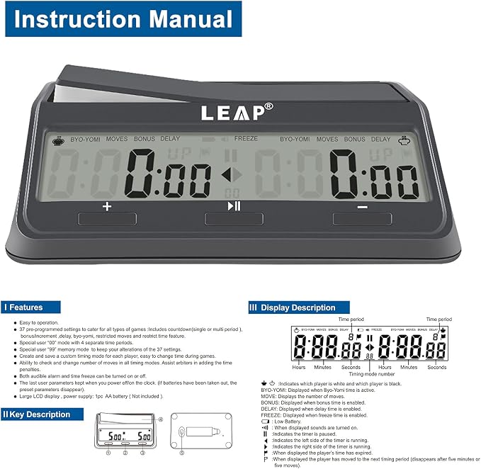 LEAP Chess Clock Digital Chess Timer Advanced for Board Game and Chess Timer with 9921 Updated Byo-yomi Bonus & Delay Count Down up Alarm Grey