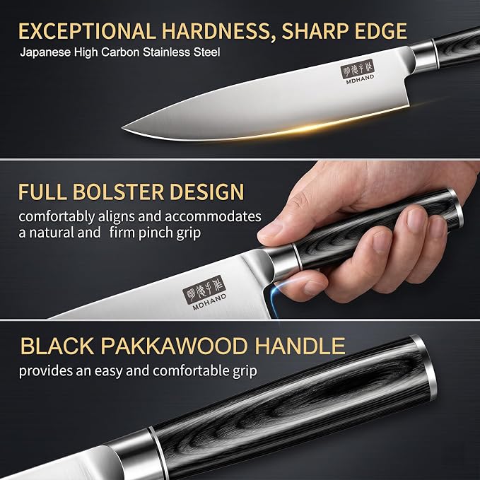 MDHAND Chef Knife, 8 Inch High Carbon Stainless Steel Japanese Kitchen Knife with Black Pakkawood Handle, Ultra Sharp Cooking Knife for Meat Vegetable Cutting, Home & Restaurant, Chef Gifts