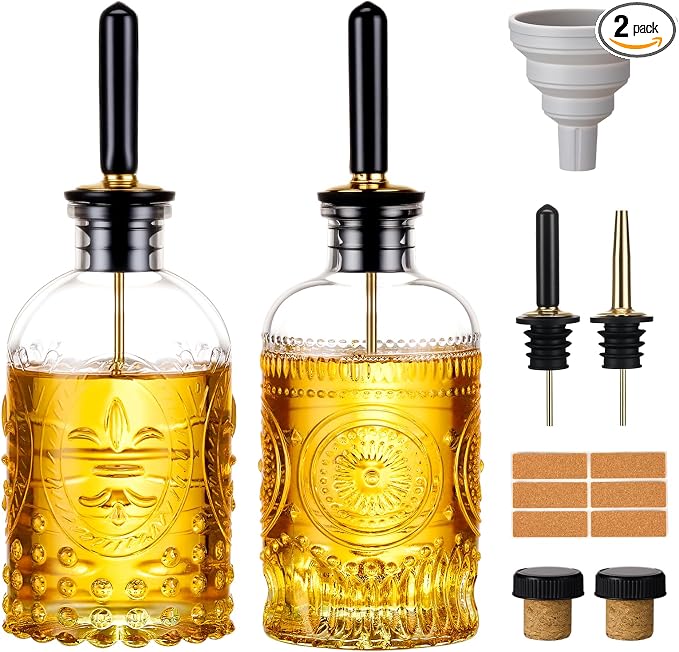 Baalaka Glass Olive Oil Dispenser Bottle Set, 7 oz, 2 Pack | Glass oil dispenser for kitchen with metal spouts; small oil bottles with funnel, labels and stoppers for syrup and juice