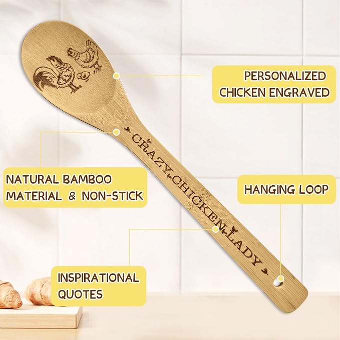 Chicken Gifts for Women 6PCS Unique Chicken Print Bamboo Spoons Gifts Set with Keychain, Chicken Decor Kitchen Stuff for Pioneer Woman Mom Bestie