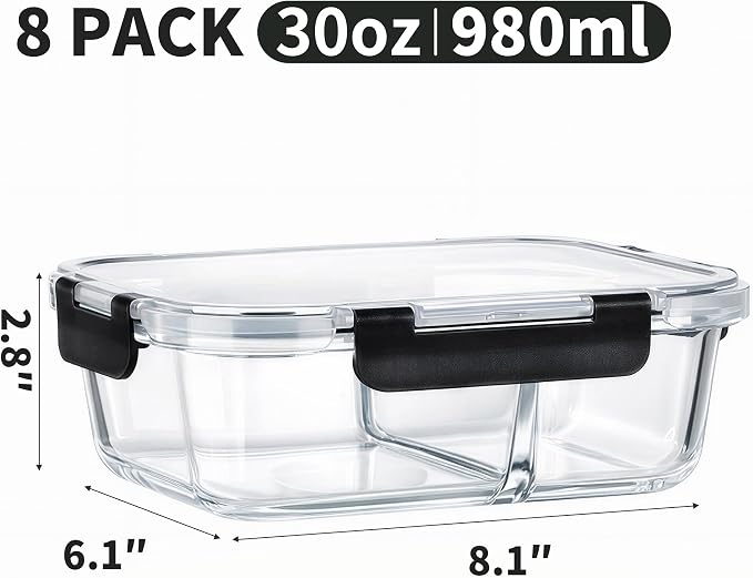 8 Pack 2 Compartment 30oz Borosilicate Glass Meal Prep Containers with Lids | Glass Food Storage Containers Set, Airtight Lunch Bento Boxes, BPA-Freefree & Leak proof, Dishwasher Freezer, Oven Safe