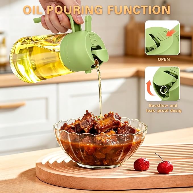 2 in 1 Olive Oil Spray Bottle, 470ml/16oz Glass Oil Sprayer for Home and Kitchen, Olive Oil Dispenser Bottle for Air Fryer, Salad, BBQ (Green)