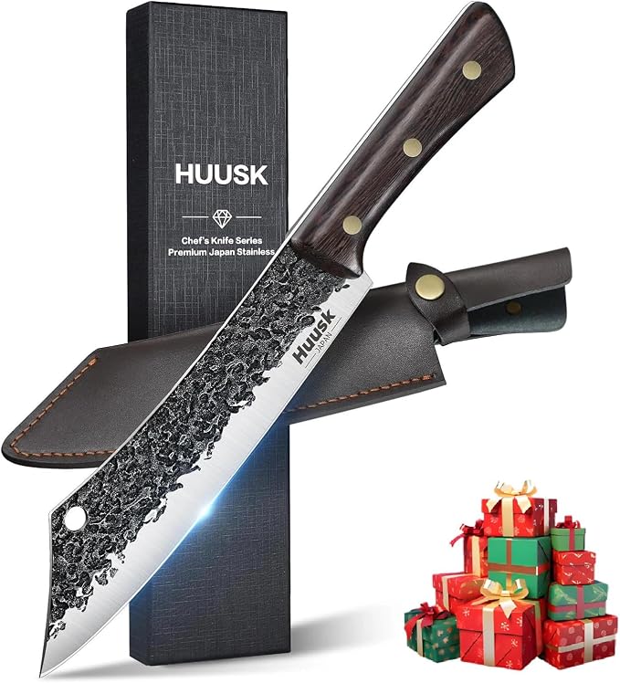 Huusk Butcher Knife 8 Inch, Hand Forged Meat Knife with Wood Full Tang Handle, Japanese Chef Knives with Box, Ideal Gift for Man and Women