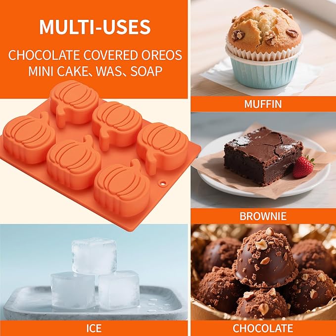 Silicone Pumpkin Molds, 2 Pack Pumpkin-Shaped Cake Molds Thanksgiving Cookie Molds Muffin Cupcake Pan Hot Chocolate Bomb Mold for Halloween Thanksgiving Fall Baking and Wax Melts Soap Making