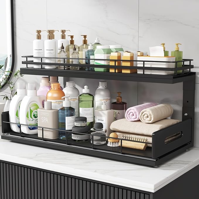 Under Sink Organizer Upgrade To Professional Rails,2-Tier Dual Pull Out Cabinet Storage,Height Adjustable Slide Out Drawers For Bathroom Kitchen,2 Pack-21"Dx12.8"-16.9"H,Black