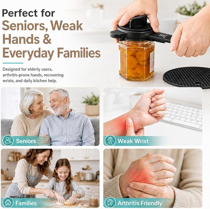 Jar Opener for Seniors with Arthritis & Weak Hands, 4-in-1 Adjustable Lid & Bottle Opener Set with Non-Slip Silicone Grip Pad & Stainless Steel Hook, Easy Twist Kitchen Gadget for Elderly (Black)