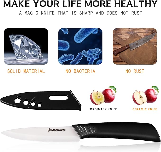 Magiware Paring Knife, Classic 4 inch Ceramic Paring Knife with Sheath Cover for Fruit and Vegetable,Longer Sharp Rust Proof Stain Resistant