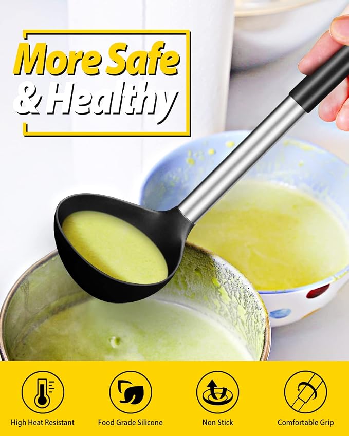 Pack of 2 Ladle Spoon,Silicone Large Spoon for Soup,Non Stick Kitchen Utensils with High Heat Resistant,BPA Free Perfect Kitchen Tools for Cooking, Stirring,Serving Soups (BLACK-WHITE)