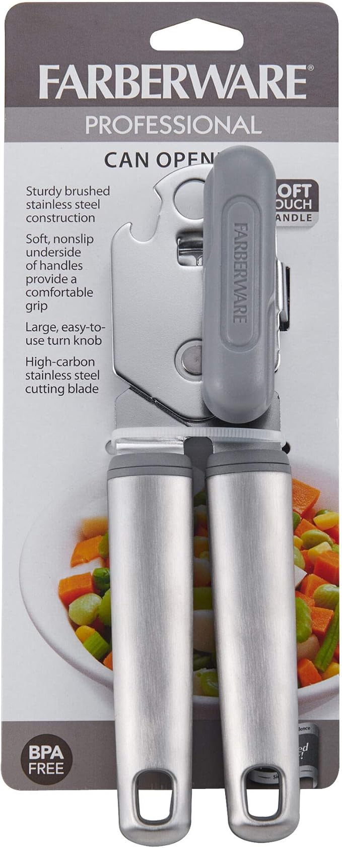 Farberware Pro Stainless Steel Manual Can Opener with Soft Ergonomic Handles and Integrated Bottle Opener, Dishwasher Safe, Contemporary Gray, 7.25 Inches