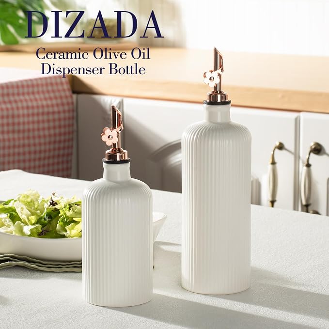 Dizada Olive Oil Dispenser Bottle Set of 2 (22 Oz + 14 Oz) - Porcelain Oil and Vinegar Bottles with Stainless Steel Spout, Ceramic Kitchen Cruet, Dishwasher Safe