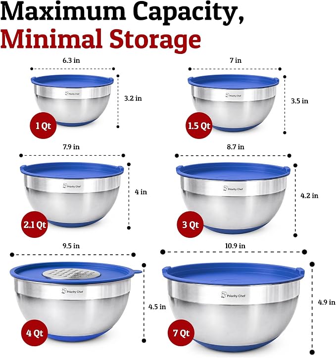 Priority Chef 6Pc Stainless Steel Mixing Bowls with Lids Set, Huge 7 Qrt Size Metal Bowl Set for Kitchen, 3 Graters, Non-Slip Bases & Silicone Utensils Set, Blue