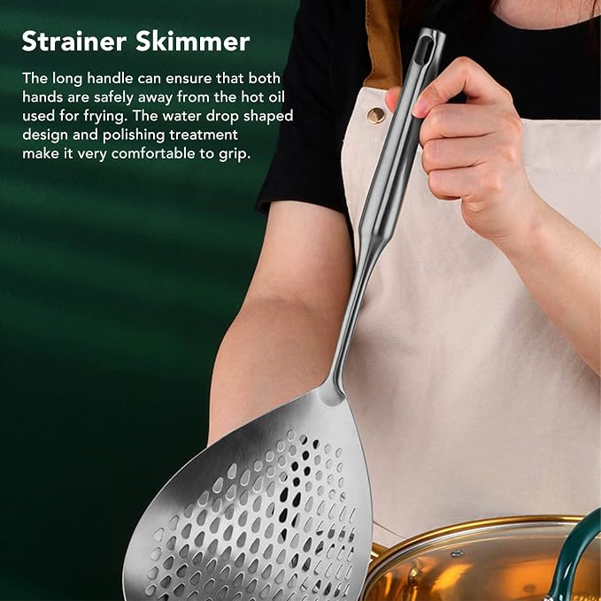 Skimmer Ladle, 304 Stainless Steel Slotted Spoon, Long Handle, Large Capacity, 15.7x5.7 Inch, Silver