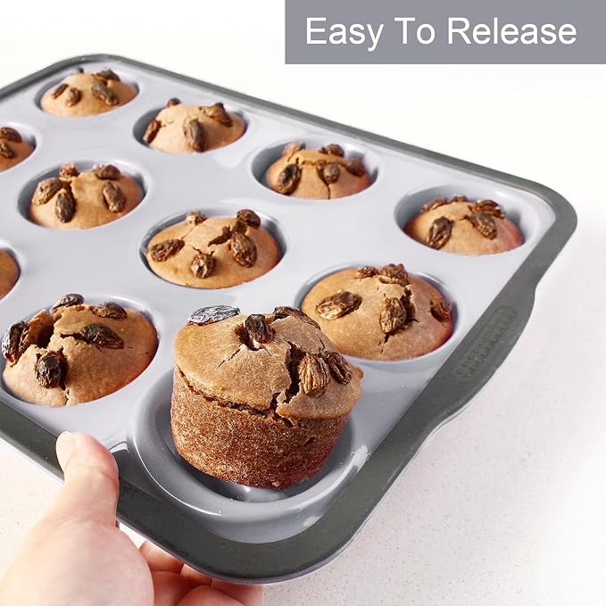 Aichoof 12 Cup Silicone Muffin Pan, Non-Stick Baking Mold w/Steel Frame | Food Grade Silicone, Heat Resistant -40°F to 440°F, Dishwasher Safe, Grey
