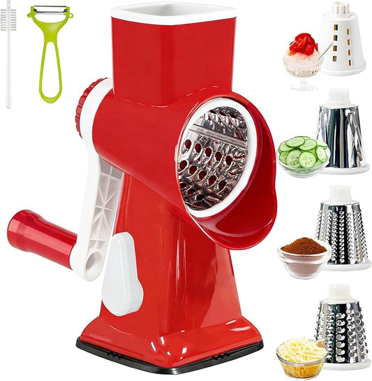 KalraMay Rotary Cheese Grater with Handle, Multifunctional Kitchen tool, Stainless Steel Rotary Grater Slicer for Fruit, Vegetables, Nuts (Red)