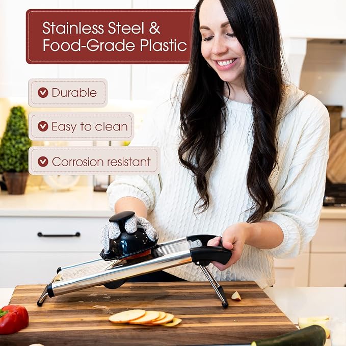 Stainless Steel Mandoline Slicer for Kitchen – 6-Setting Adjustable, 16.5 x 5 In. Platform, Hand Guard, Cut-Resistant Gloves – Vegetable Chopper, Meat Slicer, Cheese Slicer by Medove