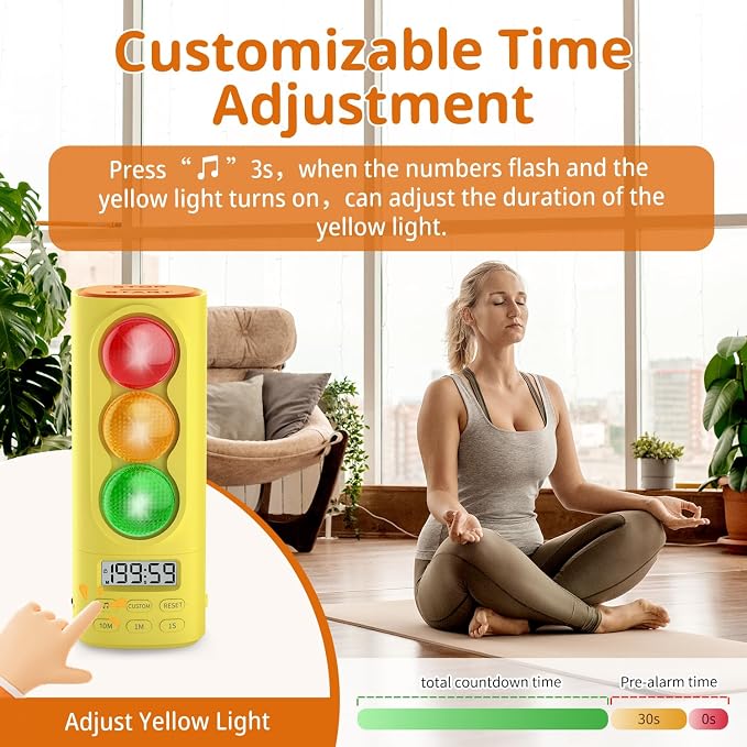 Traffic Light Visual Timer&ADHD Tool for Kids Adults Display Volume Adjustment, with 4 Ringtones for Classroom Desk Home Kitchen Game Countdown Pause Memory Function Charger Type C (Yellow)