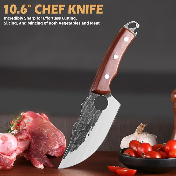 3 PCS Hand Forged Chef Knife Set, Meat Cleaver & Boning Knife | Includes Meat Cleaver & Viking Boning Knife, Ideal for Meat Cutting, Kitchen, BBQ & Camping