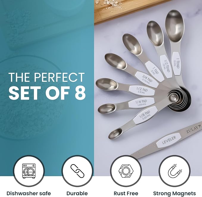 Zulay Kitchen Stainless Steel Measuring Spoon Set - Stackable Magnetic Spoon Measuring Set - Magnetic Measuring Spoon Set of 8 with Leveler - Strong N45 Magnets - White