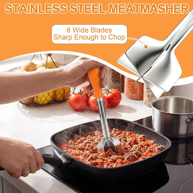 Stainless Steel Meat Chopper Masher, 6 Blade Ground with Plastic Handle | 11.4 Inch Potato fruits Masher and tenderizes meat Hamburger Smasher, Mix and Chop Kitchen Tool for Taco Meat