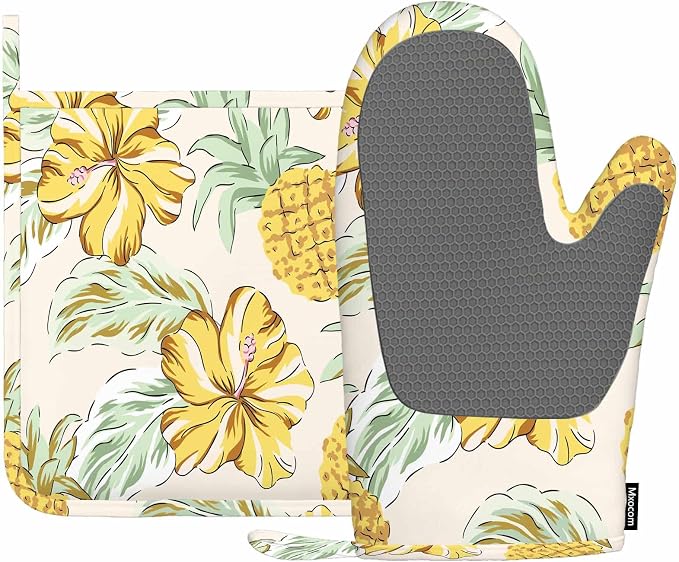 Mxocom Yellow Pineapples Oven Mitt and Pot Holder with Silicone Hibiscus Flowers Green Palm Leaves Summer Tropical Beach Floral Heat Resistant Kitchen for Cooking BBQ Baking Grilling Spring/Summer