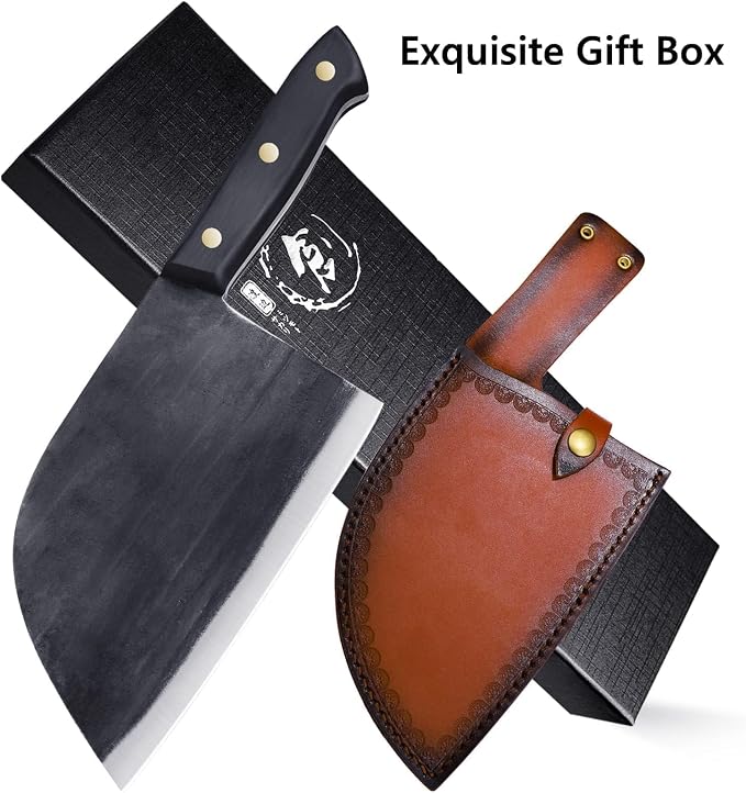 Freelander Serbian Chef Knife, Heavy Duty Handmade Forged Meat Cleaver for Meat Cutting, Full Tang High-Carbon Clad Steel Butcher Knife, Non-Slip Handle and Leather Sheath
