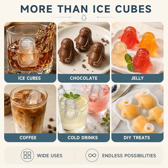 Penguin Ice Cube Tray Mold - Cute Fun Whiskey Ice Molds Gifts for Women Men | 3D Penguin Shape Cute Ice Molds for Whiskey Bourbon, 4-Hole Large Fun Shapes Funny Gifts, for Animals Lovers Women Men