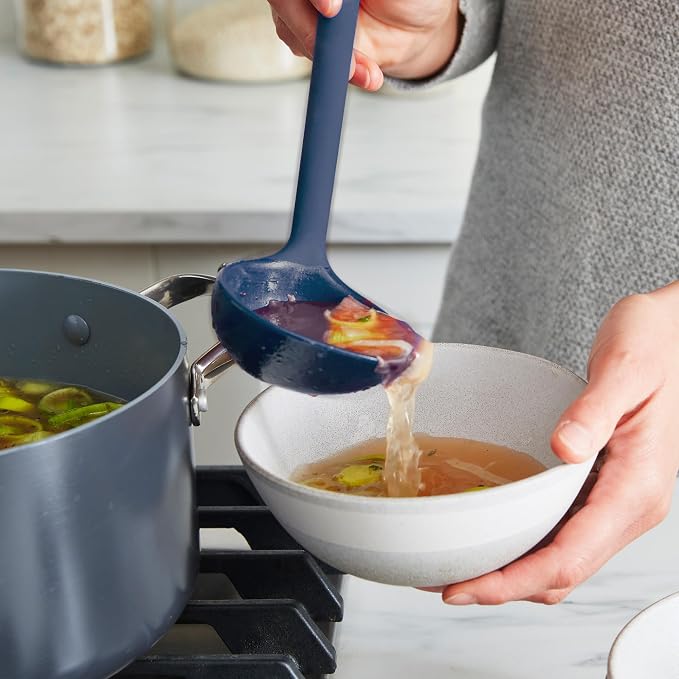 GreenPan Silicone Ladle, Soup Mixing Stirring Serving, Cooking Kitchen Utensil, Flexible Rubber Nonstick Cookware, Rigid Steel Core, Heat-Resistant, Anti-Slip Handle, BPA-Free, Dishwasher Safe, Blue