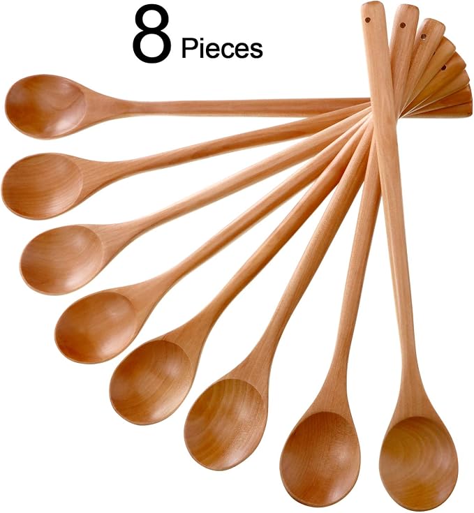 8 Pcs Wood Mixing Spoons, 13 Inch Long Handle Wooden Spoons for Mixing, Large Wooden Soup Spoon Utensil Set for Kitchen Stirring and Cooking, Sturdy and Lightweight(8 Pieces)
