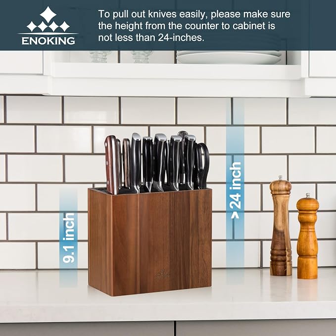 ENOKING XXL Acacia Wood Knife Holder – Large Universal Knife Block with Blade-Protecting Slots, Holds 26+ Knives, Scissors, and Sharpening Rods, Space-Saving Kitchen Storage Organizer