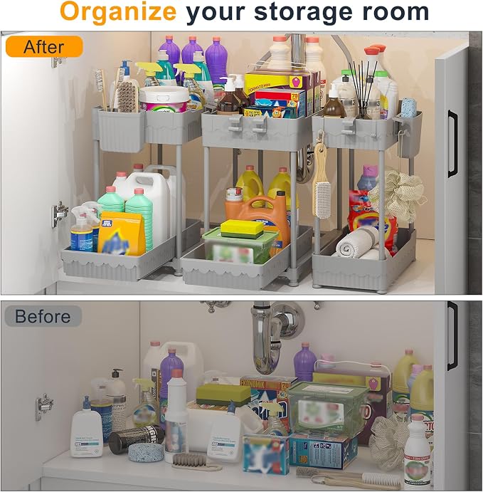3 Pack Under Sink Organizers, 2-Tier Multi-Use Kitchen and Bathroom Organizers and Storage with Sliding Drawers, Bathroom Cabinet Organizer (Gray, 14.8 Inch) | Multi-use kitchen & bathroom storage, 14.8 inch gray cabinet organizer, space-saving sliding...
