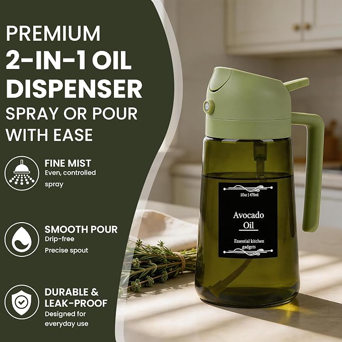 Oil Dispenser Glass Bottle, 16oz/470ml, 2 in 1 Oil Sprayer and Pourer, Light-Blocking Dark Glass, for Cooking, Air Fryer, Salad, BBQ (Green)