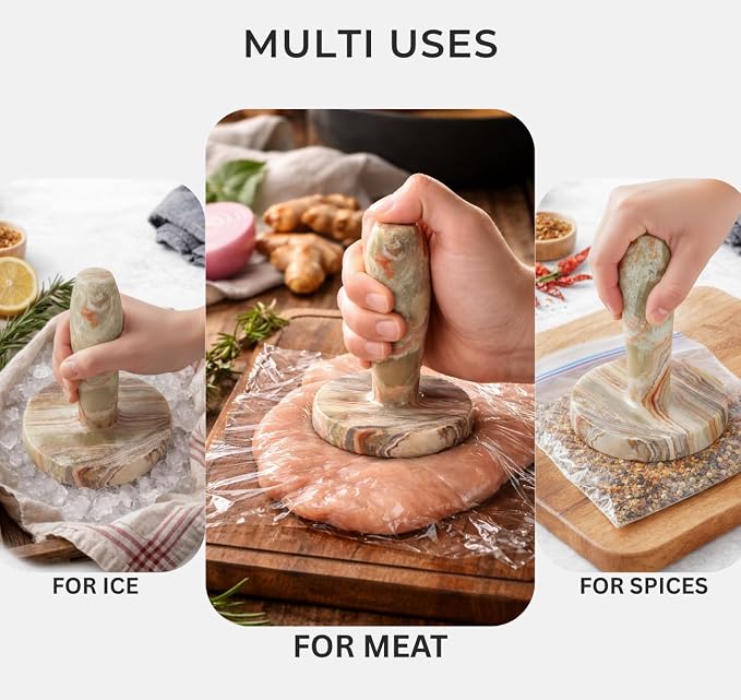 Marble Meat Pounder Tenderizer 5" Inches Green Onyx Handmade Round Chicken Flattener Tool - Works Great As A Smash Burger Press - Meat Flattener for Steak, Chicken, Pork