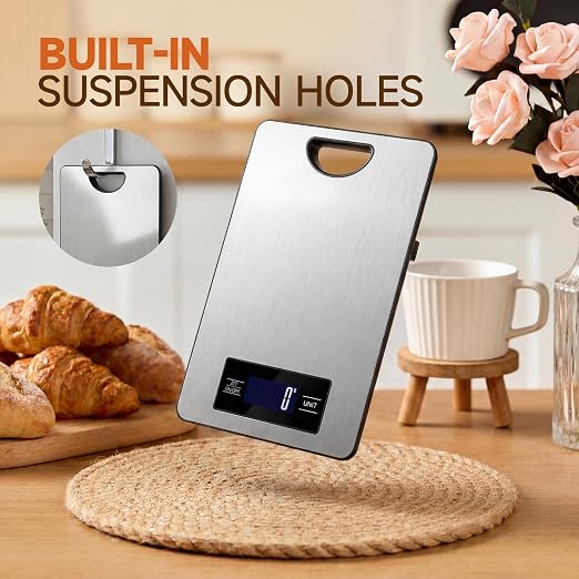 Food Scale, Digital Kitchen Scale with Hanging Loop, 11lb Baking Scale | 1g Accuracy, g/oz,etc.5 Unit Conversion, Tare Function, Fingerprint-Resistant Steel, Suitable for Cooking, Baking ,Meal Prep