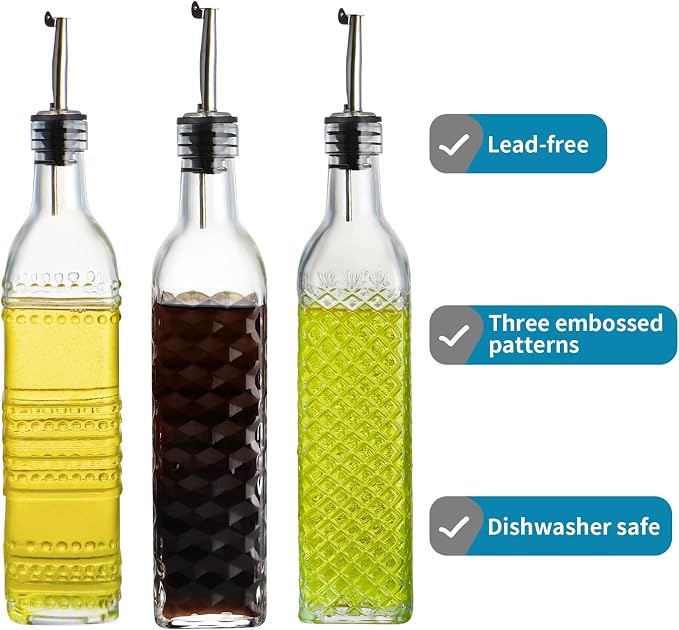 MDLUU Oil and Vinegar Dispenser Set, 17oz Clear Glass Olive Oil Bottles, Kitchen Vinegar Decanters with 3 Spouts, 3 Plugs, 1 Funnel, Pack of 3