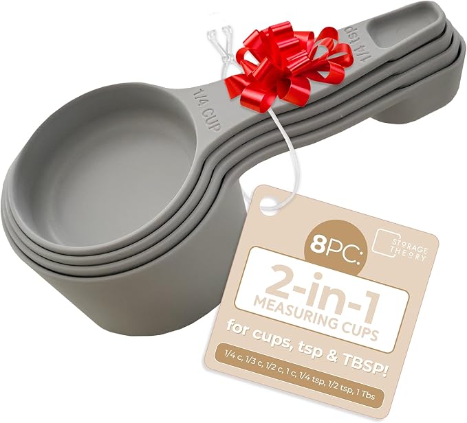Storage Theory 2-in-1 Measuring Cups & Spoons Set (4-Piece) - Nesting Space-Saving Kitchen Gadget - BPA-Free Food Grade Plastic - Dishwasher Safe for Baking, Cooking, Coffee - Gray