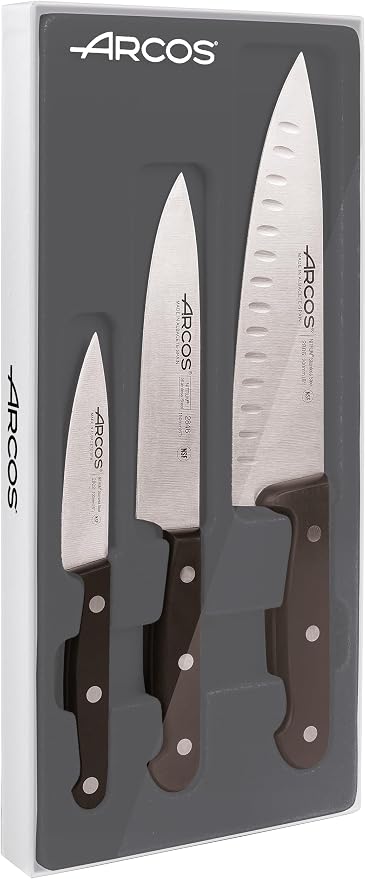 Arcos Knife Set 3 pieces Nitrum Stainless Steel. Professional Kitchen Knives for Cooking. Ergonomic Polyoxymethylene POM Handle. Series Universal. Black Color