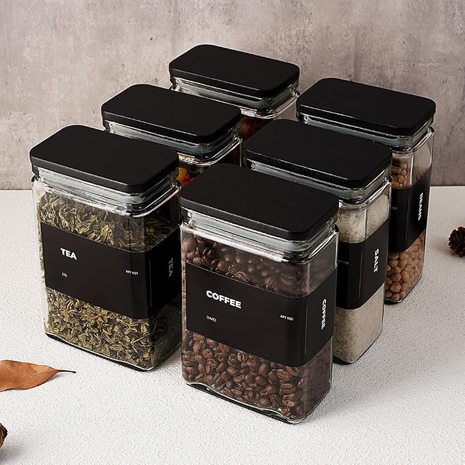 Glass Storage Jars with Bamboo Lid, glass canisters with airtight lids, Clear jars with lids for Spice, Cookie, Candy, Tea, Coffee Bean and Rice (Black, 26 oz, Set of 6)