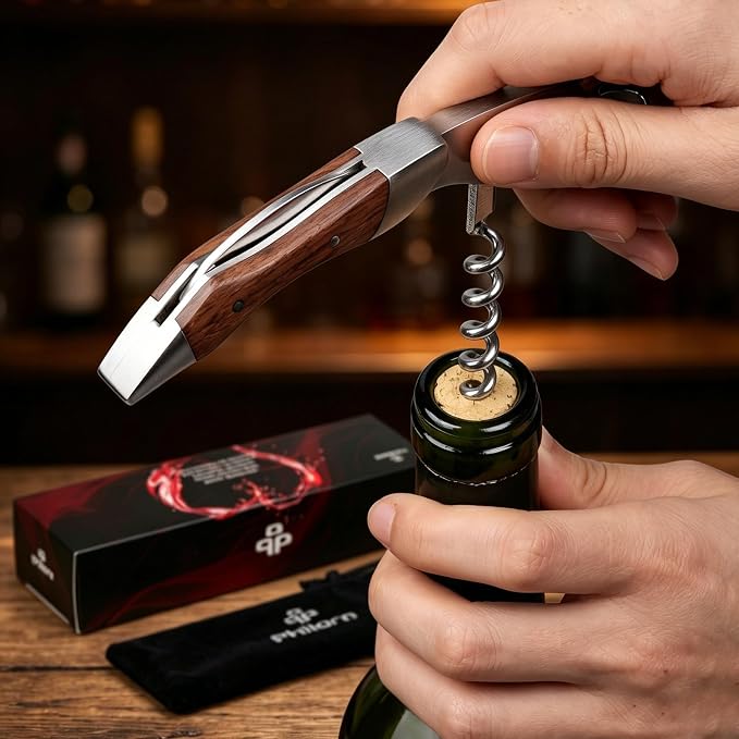 Philorn Wine Opener-Professional Corkscrew Wine Opener with Foil Cutter & Cap Remover, Manual Wine Key for Servers, Bartenders, Waiters & Home Use, Rosewood Handle Wine Bottle Opener