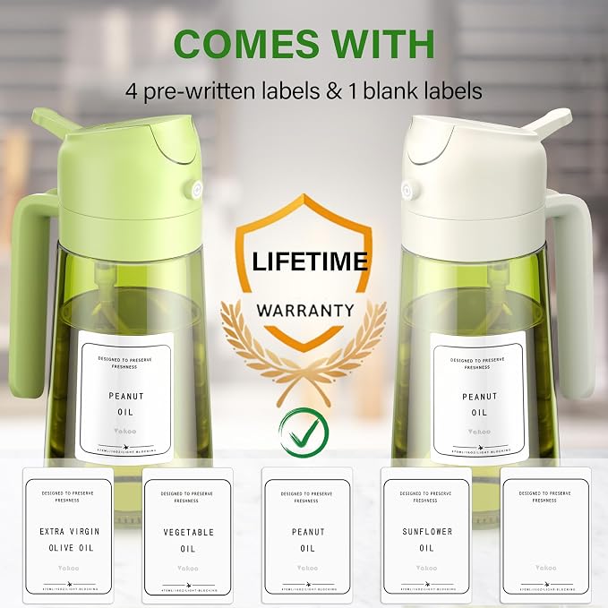 Vakoo Oil Sprayer for Cooking, 2 in 1 Oil Dispenser for Kitchen, 16oz/470ml Light-Blocking Dark Glass Olive Oil Spray Bottle, Air Fryer, Salad & BBQ (White&Green)