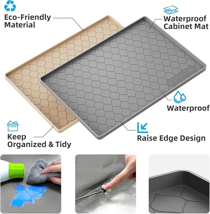 Winisok Waterproof Under Sink Mat 34" x 19", Silicone Mat, Beige | Raised Edge Traps Spills & Leaks, Shelf Liner, Cabinet Protector, for Kitchen, Bathroom, Boots, Pets, Home Essentials