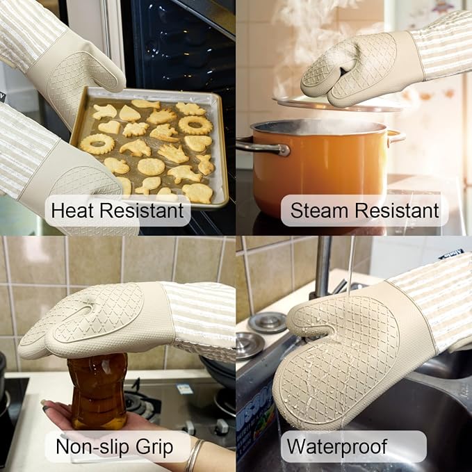 Alselo Silicone Oven Mitts Heat Resistant 932℉ with Waterproof & Non-Slip Kitchen Mittens, Set of 2 Extra Long Oven Gloves with Soft Cotton Terry Lining for Baking Cooking Barbecue (Khaki, 2)
